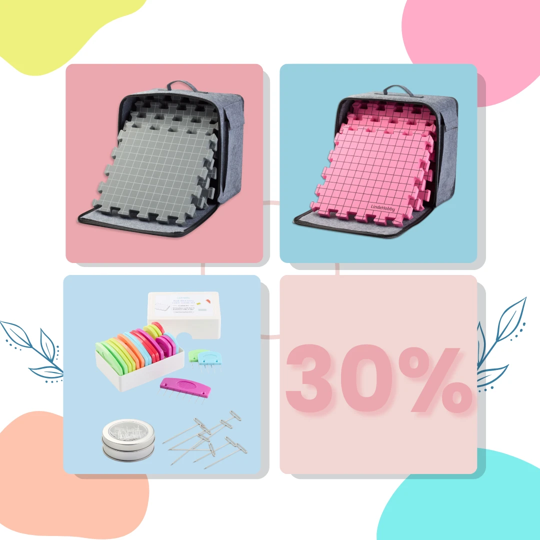 Blockingmåtter i grå og rosa, blockingkamme og T-nåle – 30%