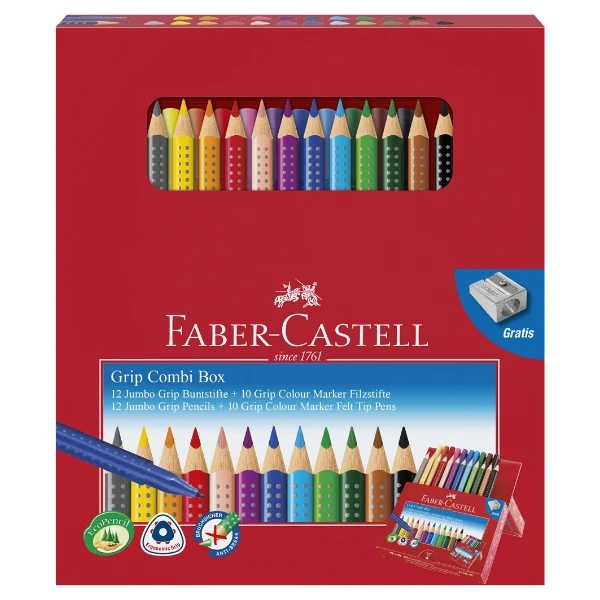 Faber-Castell Jumbo Grip kombiboks 12 blyanter + 10 tusser
