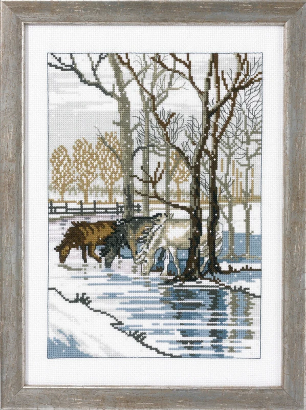 Broderikit 3 heste ved åen 35 x 25 cm R5797