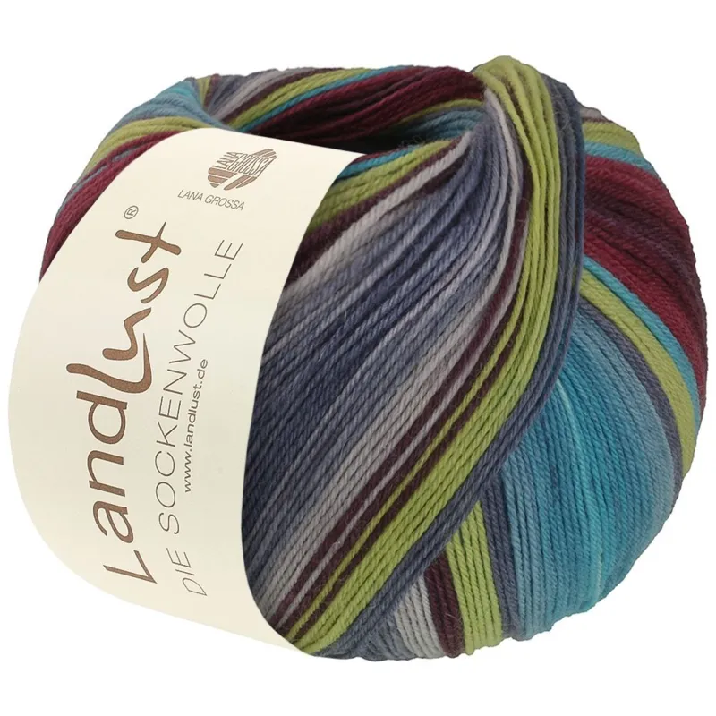 Lana Grossa Landlust Die Sockenwolle 133 Bourgogne/Vinrød/Turkis/Pistacie/Gråblå/Lys-/Mintpetrol/Lys-/Musegrå stribet