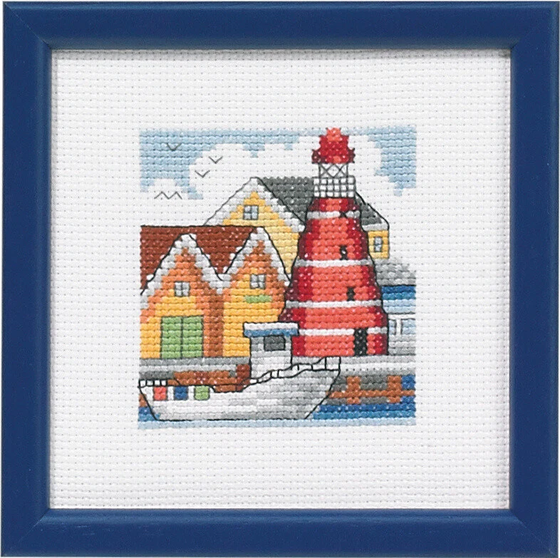 Broderikit Rødt fyrtårn havnen 12 x 12 cm