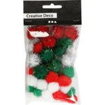 Pomponer, 15 + 20mm, 48stk, ass. farver Grøn  Hvid  Rød