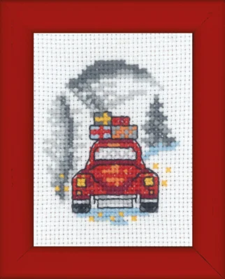 Broderikit Rød bil julebillede 6 x 8 cm